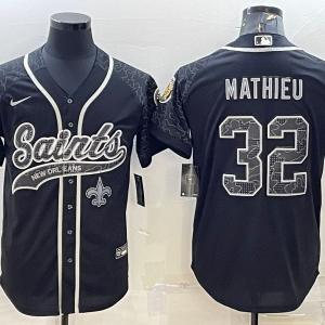 Men's New Orleans Saints #32 Tyrann Mathieu Black Reflective With Patch Baseball Jersey