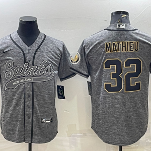 Men's New Orleans Saints #32 Tyrann Mathieu Gray With Patch Baseball Jersey