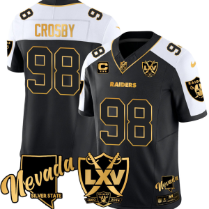 Men's Las Vegas Raiders Raiders #98 Maxx Crosby 2024 Anniversary Patch & C Patch Black/White Gold Stitched Jersey