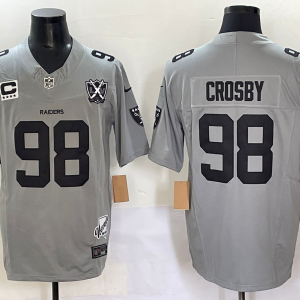 Men's Las Vegas Raiders Raiders #98 Maxx Crosby 2024 Anniversary Patch & C Patch Grey Stitched Jersey