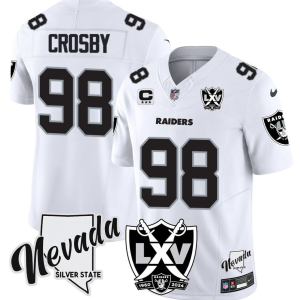 Men's Las Vegas Raiders Raiders #98 Maxx Crosby 2024 Anniversary Patch & C Patch White Stitched Jersey
