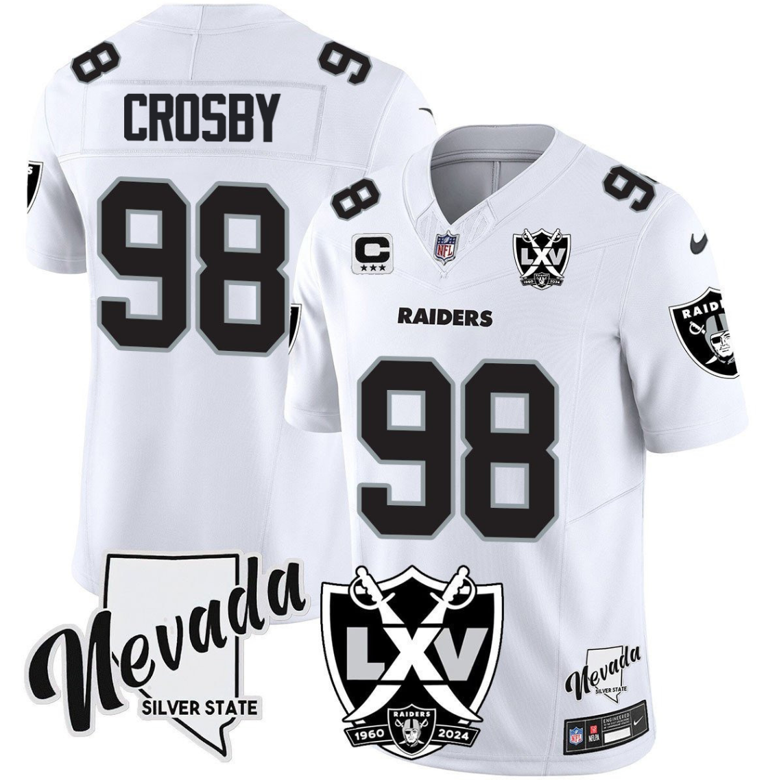 Men's Las Vegas Raiders Raiders #98 Maxx Crosby 2024 Anniversary Patch & C Patch White Stitched Jersey