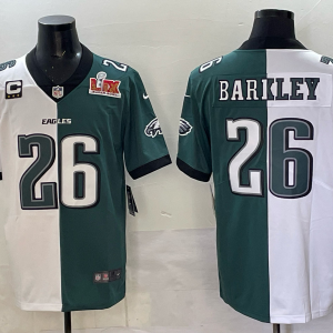 Men's Philadelphia Eagles #26 Saquon Barkley White/Green Split 2025 Super Bowl LIX Patch And C Patch Vapor Limited Jersey