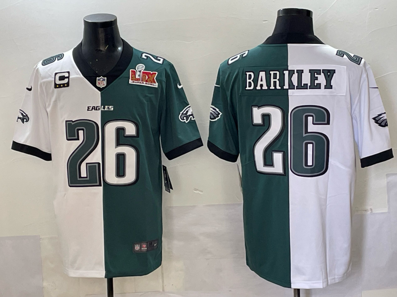 Men's Philadelphia Eagles #26 Saquon Barkley White/Green Split 2025 Super Bowl LIX Patch And C Patch Vapor Limited Jersey