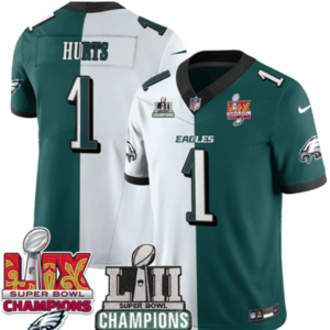 Men's Philadelphia Eagles #1 Jalen Hurts White/Green Split 2025 Super Bowl LIX Patch And Champions Patch Vapor Limited Jersey