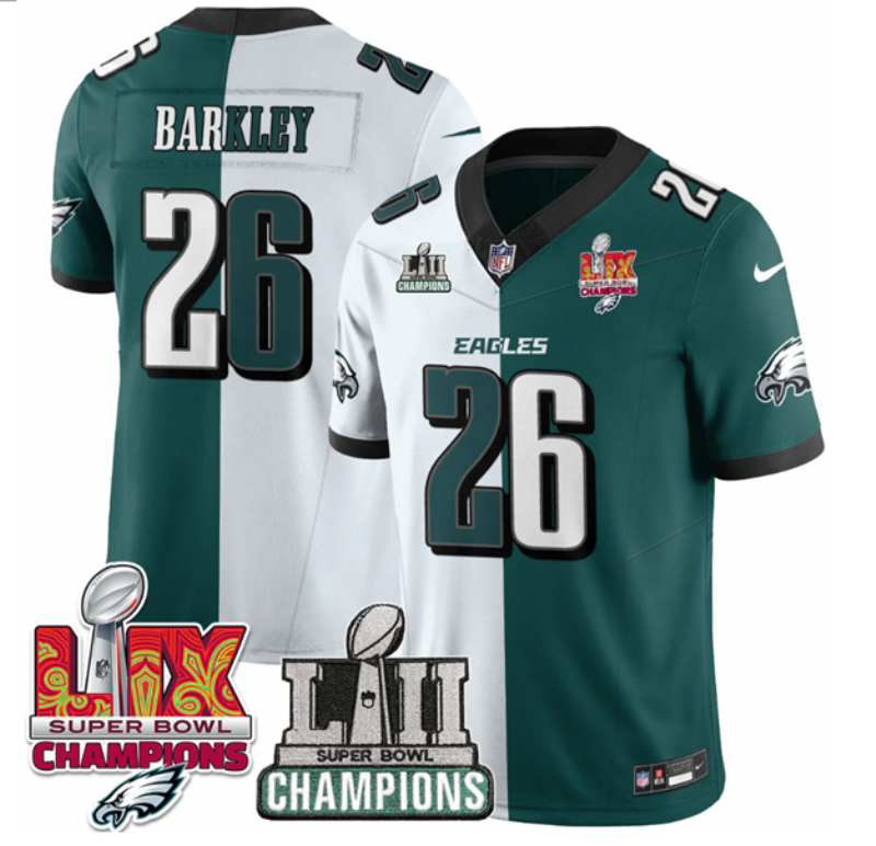 Men's Philadelphia Eagles #26 Saquon Barkley White/Green Split 2025 Super Bowl LIX Patch And Champions Patch Vapor Limited Jersey
