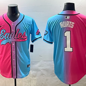 Men's Philadelphia Eagles #1 Jalen Hurts Pink/Blue Limited Stitched Baseball Jersey