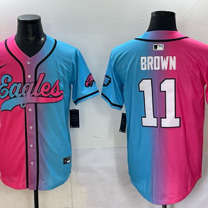 Men's Philadelphia Eagles #11 A. J. Brown Pink/Blue Limited Stitched Baseball Jersey