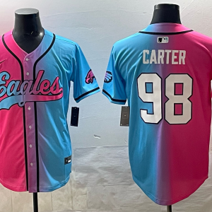 Men's Philadelphia Eagles #98 Carter Pink/Blue Limited Stitched Baseball Jersey