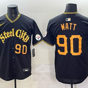 Men's Pittsburgh Steelers #90 T.J. Watt Black Yellow Baseball Nike Jersey