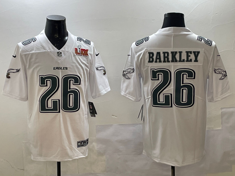 Men's Philadelphia Eagles #26 Saquon Barkley White 2025 Super Bowl LIX Patch Vapor Jersey