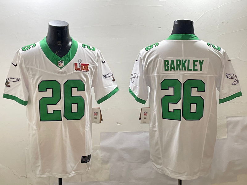 Men's Philadelphia Eagles #26 Saquon Barkley White 2025 Super Bowl LIX Patch Vapor Jersey
