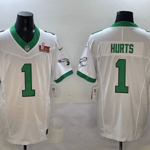 Men's Philadelphia Eagles #1 Jalen Hurts White 2025 Super Bowl LIX Patch Vapor Jersey