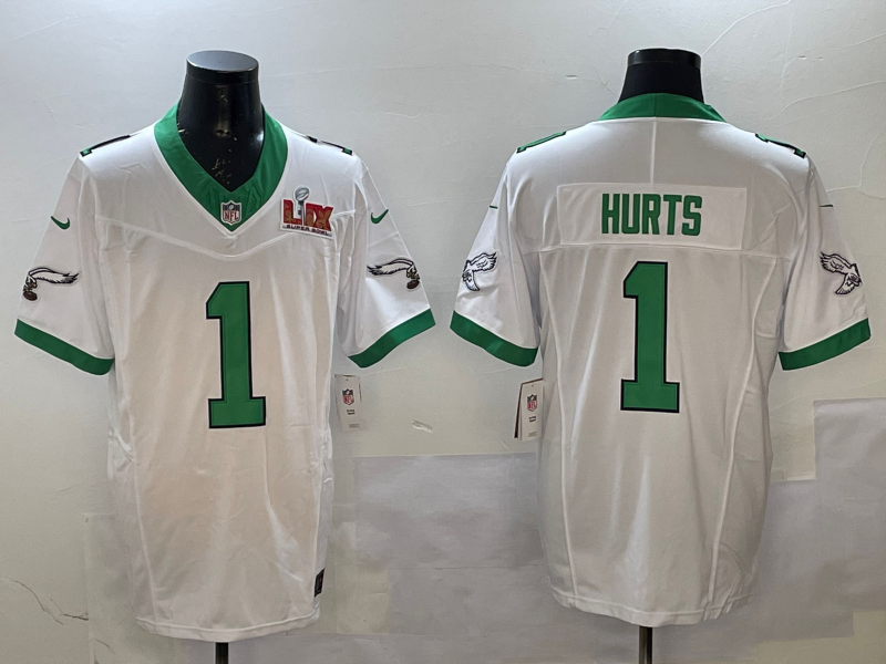 Men's Philadelphia Eagles #1 Jalen Hurts White 2025 Super Bowl LIX Patch Vapor Jersey