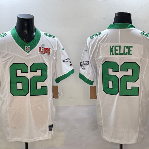 Men's Philadelphia Eagles #62 Jason Kelce White 2025 Super Bowl LIX Patch Vapor Jersey