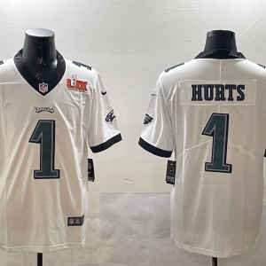 Men's Philadelphia Eagles #1 Jalen Hurts White 2025 Super Bowl LIX Patch Vapor Jersey