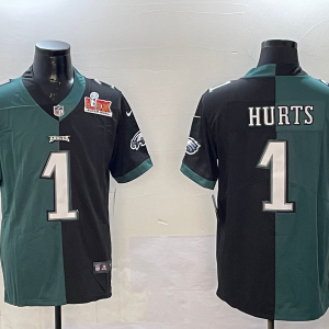 Men's Philadelphia Eagles #1 Jalen Hurts Green & Black Split 2025 Super Bowl LIX Patch Jersey
