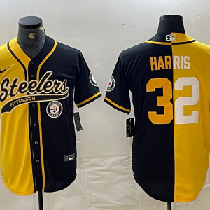 Men's Pittsburgh Steelers #32 Harris Yellow Black Split Team Big Logo Cool Base Stitched Baseball Jersey