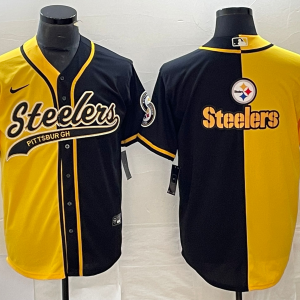 Men's Pittsburgh Steelers Yellow Black Split Team Big Logo Cool Base Stitched Baseball Jersey