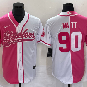 Men's Pittsburgh Steelers #90 T.J. Watt Pink White Split Stitched Baseball Jersey