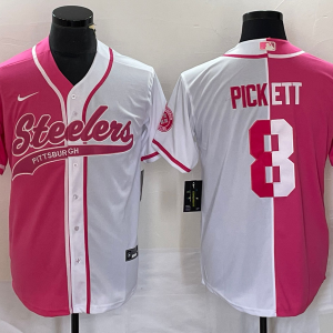 Men's Pittsburgh Steelers #8 Kenny Pickett Pink White Split Stitched Baseball Jersey