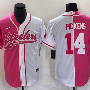 Men's Pittsburgh Steelers #14 Pickens Pink White Split Stitched Baseball Jersey