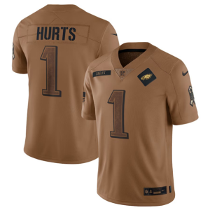 Men's Philadelphia Eagles #1 Jalen Hurts 2023 Brown Salute To Service Limited Jersey