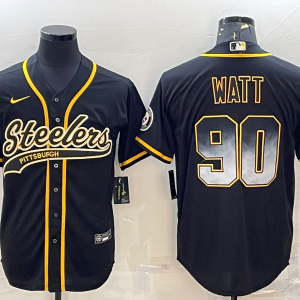 Men's Pittsburgh Steelers #90 T.J. Watt Black Gold With Patch Baseball Jersey