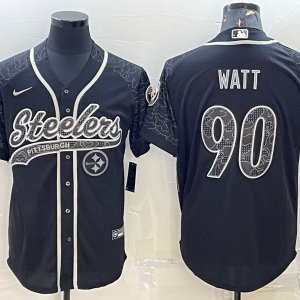 Men's Pittsburgh Steelers #90 T.J. Watt Black Reflective With Patch Baseball Jersey