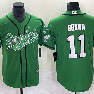 Men's Philadelphia Eagles #11 A. J. Brown Green Gold Cool Base Baseball Stitched Jersey