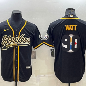 Men's Pittsburgh Steelers #90 T.J. Watt Black Yellow Team Big Logo With Patch Jersey