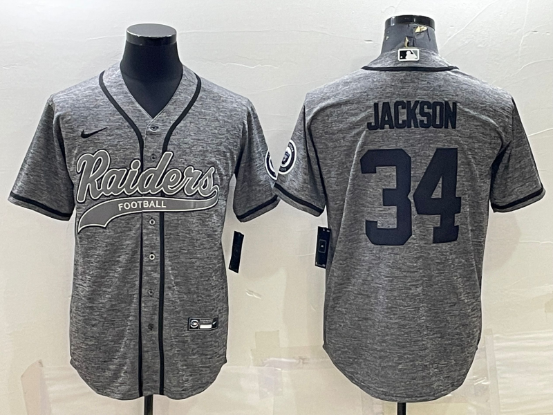 Men's Las Vegas Raiders Raiders #34 Bo Jackson Gray With Patch Baseball Jersey