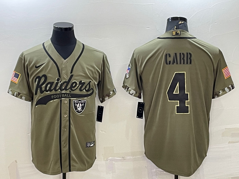 Men's Las Vegas Raiders Raiders #4 Derek Carr 2022 Olive Salute To Service Baseball Nike Jersey