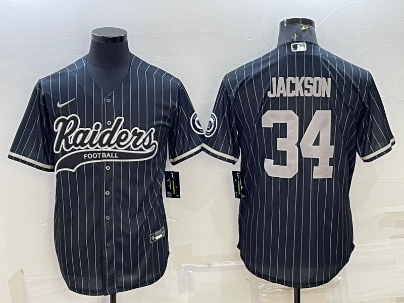 Men's Las Vegas Raiders Raiders #34 Bo Jackson Black With Patch Baseball Jersey