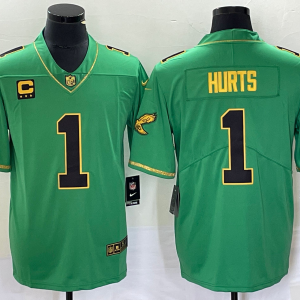 Men's Philadelphia Eagles #1 Jalen Hurts Green/Black/Gold With C Patch Jersey