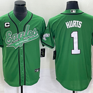 Men's Philadelphia Eagles #1 Jalen Hurts Green With C Patch Cool Base Stitched Baseball Jersey