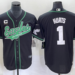 Men's Philadelphia Eagles #1 Jalen Hurts Black With C Patch Cool Base Stitched Baseball Jersey