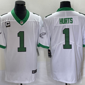 Men's Philadelphia Eagles #1 Jalen Hurts White/Kelly Green With C Patch Jersey