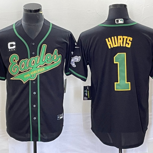 Men's Philadelphia Eagles #1 Jalen Hurts Black With C Patch Stitched Baseball Jersey
