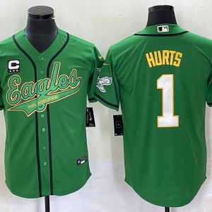 Men's Philadelphia Eagles #1 Jalen Hurts Green With C Patch Cool Base Stitched Baseball Jersey