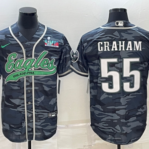 Men's Philadelphia Eagles #55 Brandon Graham Gray Camo With Super Bowl LVII Patch Baseball Jersey