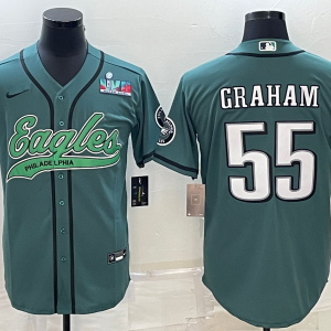 Men's Philadelphia Eagles #55 Brandon Graham Green With Super Bowl LVII Patch Baseball Jersey