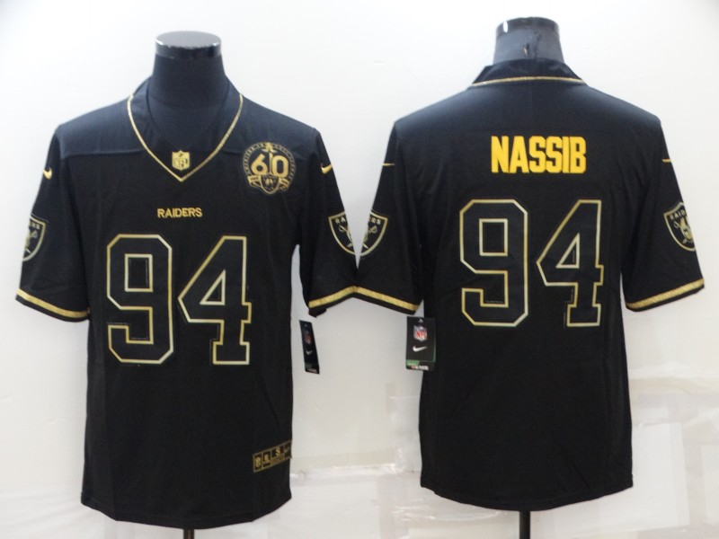 Men's Las Vegas Raiders Raiders #94 Carl Nassib Black/Gold With 60th Anniversary Patch Vapor Limited Jersey