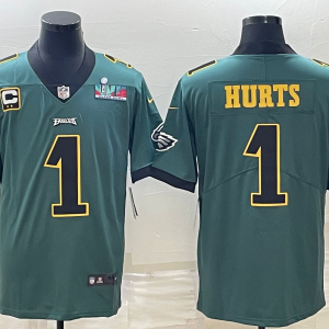 Men's Philadelphia Eagles #1 Jalen Hurts Green Golden Super Bowl LVII Patch /2-Star C Patch Vapor Limited Jersey