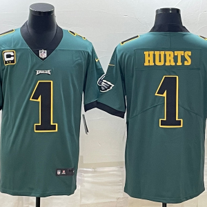 Men's Philadelphia Eagles #1 Jalen Hurts Green Golden 2-Star C Patch Vapor Limited Jersey
