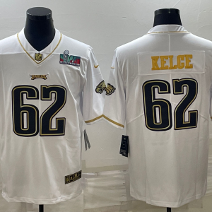 Men's Philadelphia Eagles #62 Jason Kelce White Golden Super Bowl LVII Patch Limited Jersey