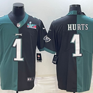 Men'sMen's Philadelphia Eagles #1 Jalen Hurts Black & Green Split Super Bowl LVII Patch Limited Jersey