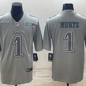 Men's Philadelphia Eagles #1 Jalen Hurts Gray Super Bowl LVII Patch Atmosphere Fashion Limited Jersey