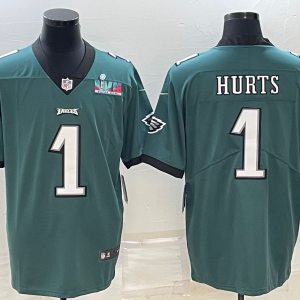 Men's Philadelphia Eagles #1 Jalen Hurts Green Super Bowl LVII Patch Vapor Untouchable Limited Jersey