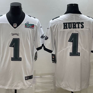 Men's Philadelphia Eagles #1 Jalen Hurts White Super Bowl LVII Patch Vapor Untouchable Limited Jersey